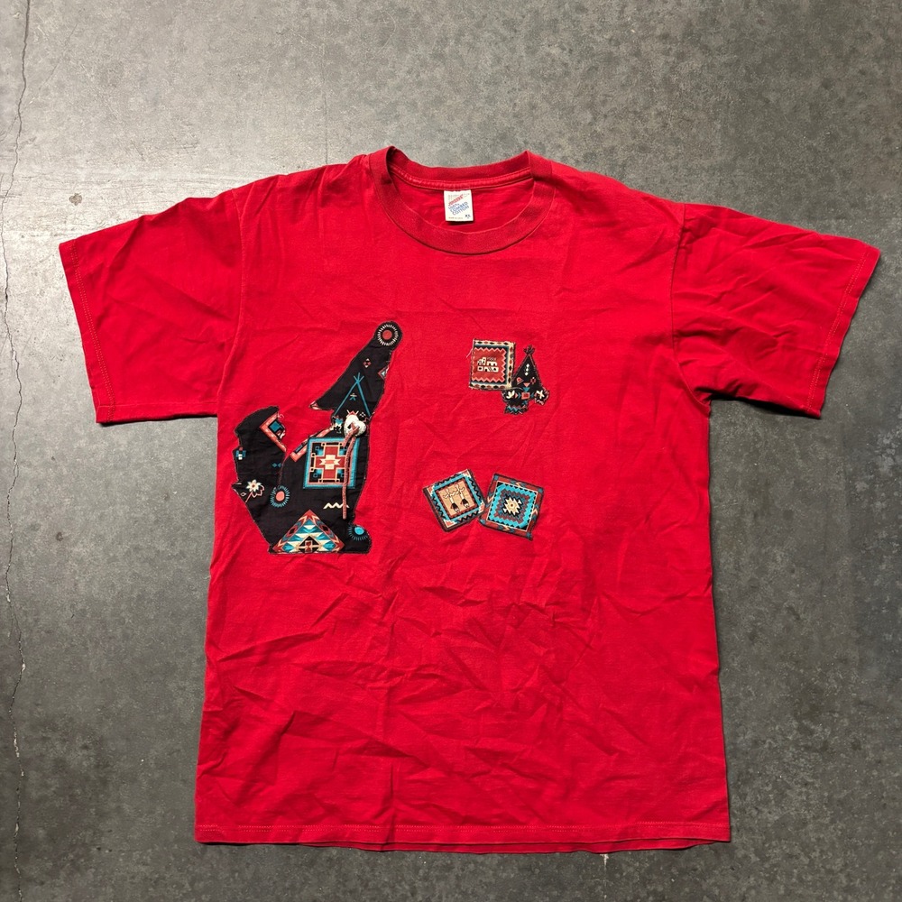 Vintage Jerzees Red T-Shirt XL Wolf Southwestern Patch Single Stitch Made in USA